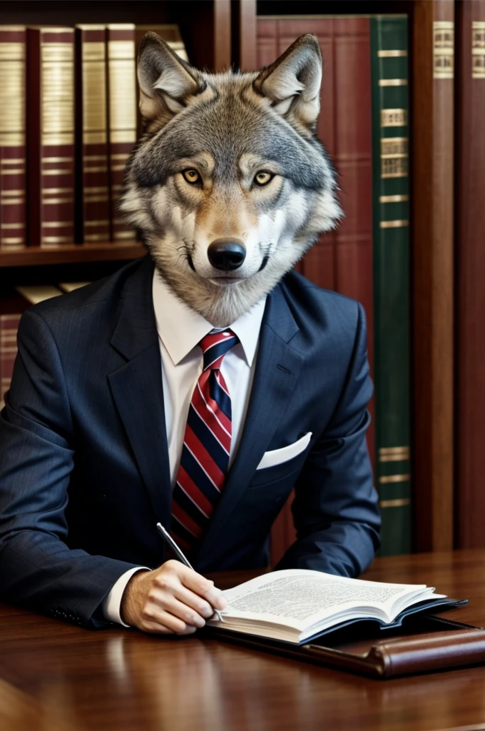 A wolf who is a lawyer dressed as a lawyer who inspires confidence and is tender