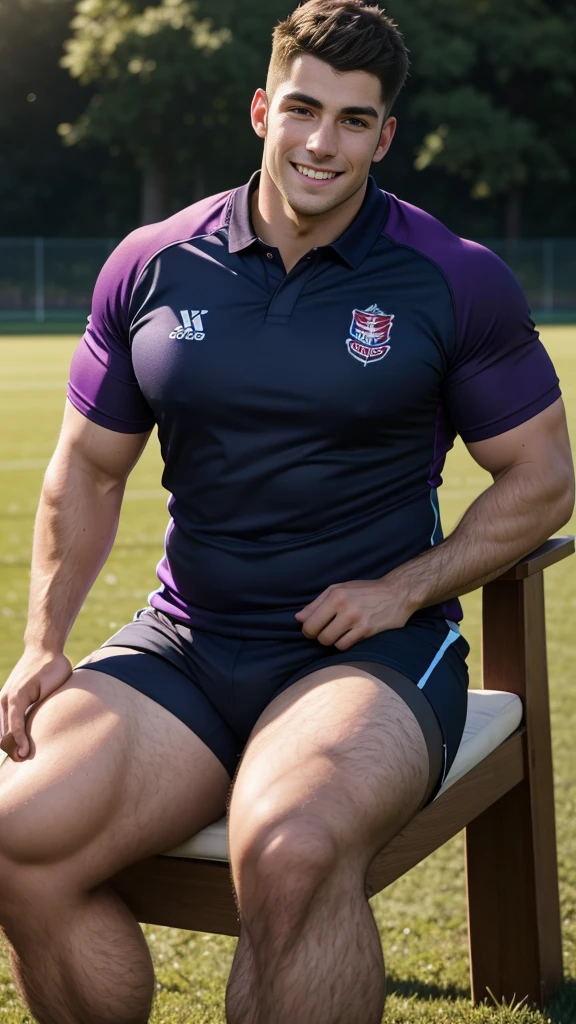 one pale daddy man rugby player, very beard,Full body, smile, rugby player, rugby esportive uniform, wet black hair fade ,alluring eyes, European mature 30yo man, jercking his cock,nice detailed  hands, big nose, (High shadow detail), wearing Calvin rugby brands shirt, thighs legs, neck tattoo, too much pubic hair, large lips mouth, Wide shoulders, cock ring, field background on golden-hour.