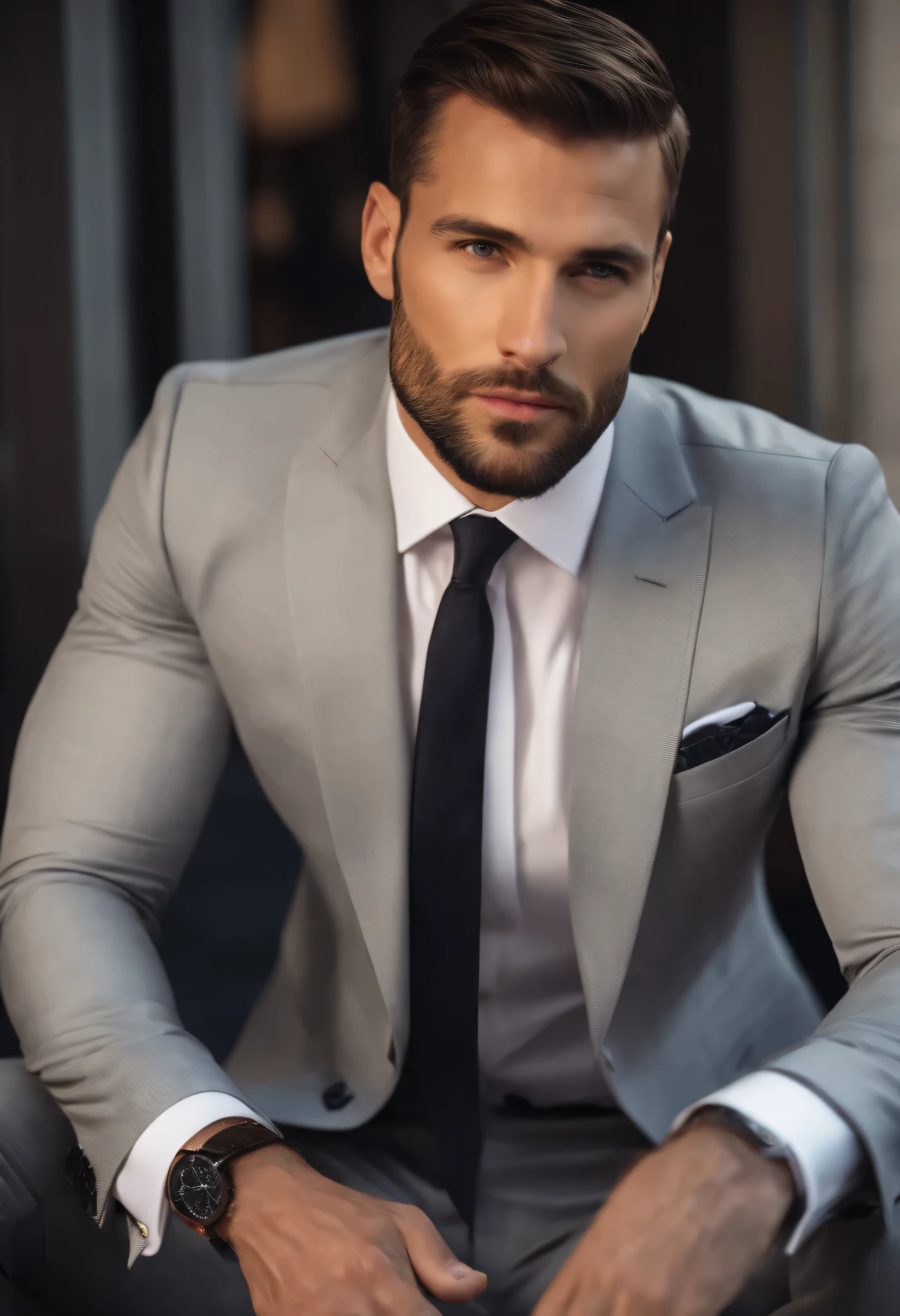 attractive 30 year old man in Hugo Boss suit , Nice beard , executive sexy man, Suit then, Front camera focus, portrait mode, perfectly straight in front of the camera