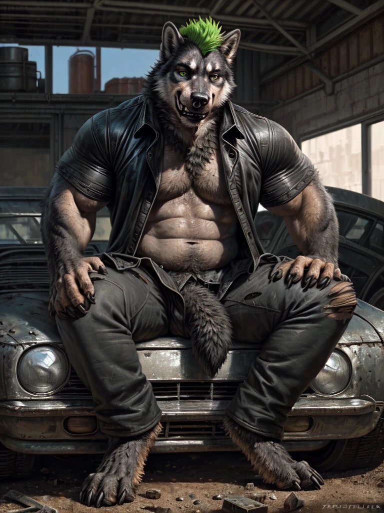 Junkyard setting, recked cars, wolf, husky, canine, punk goth clothing, (black T-shirt) with holes in it, baggy black pants with chains hanging off them, black trenchcoat, sitting on crushed car, muscular, barazoku, evil grin, torn clothing, green Mohawk, green eyes, snake bite piercings on lower lip, two eyebrow piercings on right eyebrow, septum piercing,
by taran fiddler, [by morticus], (Sharp focus, masterpiece, 8k, intricate artwork, hyper detailed, high detail),