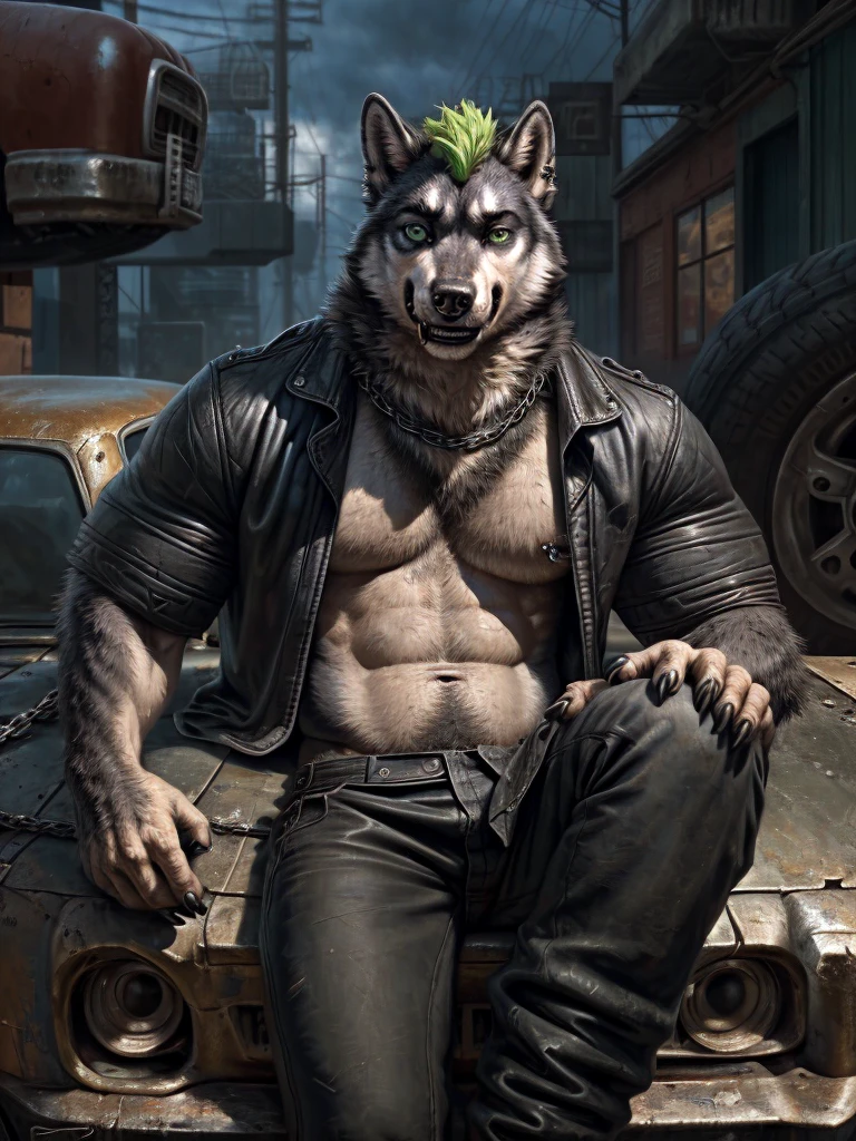 Junkyard setting, recked cars, wolf, husky, canine, punk goth clothing, (black T-shirt) with holes in it, baggy black pants with chains hanging off them, black trenchcoat, sitting on crushed car, muscular, barazoku, evil grin, torn clothing, green Mohawk, green eyes, snake bite piercings on lower lip, two eyebrow piercings on right eyebrow, septum piercing,
by taran fiddler, [by morticus], (Sharp focus, masterpiece, 8k, intricate artwork, hyper detailed, high detail),