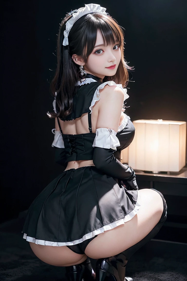 (Highest quality, Super detailed, High resolution, 8K images,Wearing the cutest gothic maid outfit in the world,Z Cup Big,The sculpture model is attractive, (One Girl:1.3)、、Super detailedな、beautifully、、Ecstatic expression、Small butt、The cutest maid choker in the world、The cutest gloves in the world、The most beautiful skin in the world、The most beautiful earrings in the world ,The skirt flips up and the underwear is visible, ,((Show me your)), ((Stick your butt out)),(Squat with legs apart), Fine and beautiful eyes,Perfect Proportions,(Overflowing big),(A full-body shot from behind), とてもbeautifullyて可愛い女の子,22 years old,(anime),Kamimei, Pitch black background,(Solid black background),alone,
