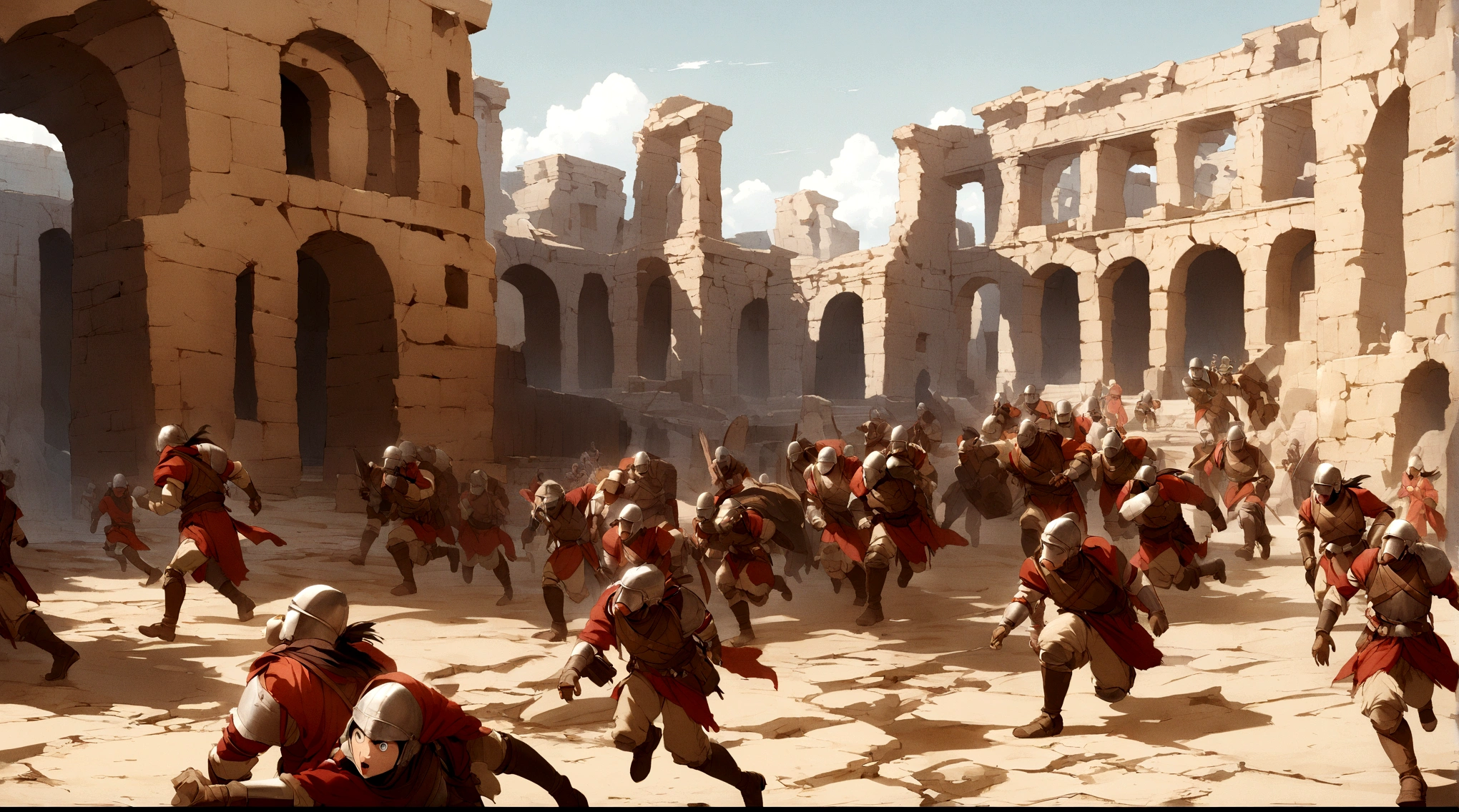 frightened 18th century explorers running from two giant-spartan soldiers among ancient ruins