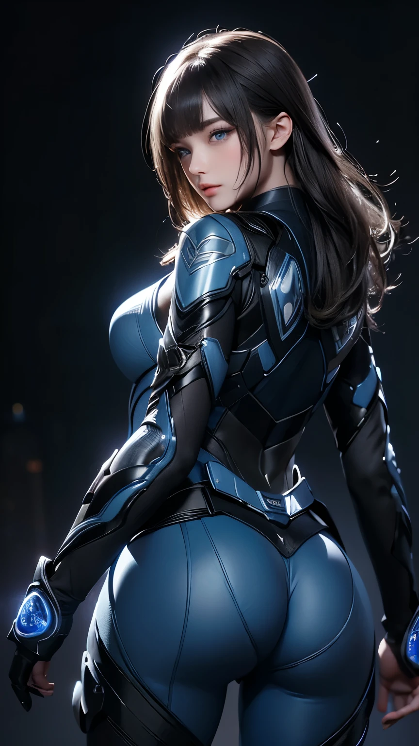 masterpiece, Highest quality, Very detailed, To the camera, 複雑に詳細なVery detailed, Realistic, Sharp features, Very detailed, Sharp focus, Perfect Face, Perfect Face, Perfect symmetry and perfect eyes, Perfect Plump Lips, Flexible female form, Cinematic, Film Light, Very detailed, hyper Realistic, masterpiece, Atmospheric, High resolution, Vibrant, Dynamic Studio Lighting, ((Dark Background)), The expression when enduring pleasure, Straight bangs, blue eyes,、Back view、Butt、Sexually aroused expressions、Fallout Vault Suit,
