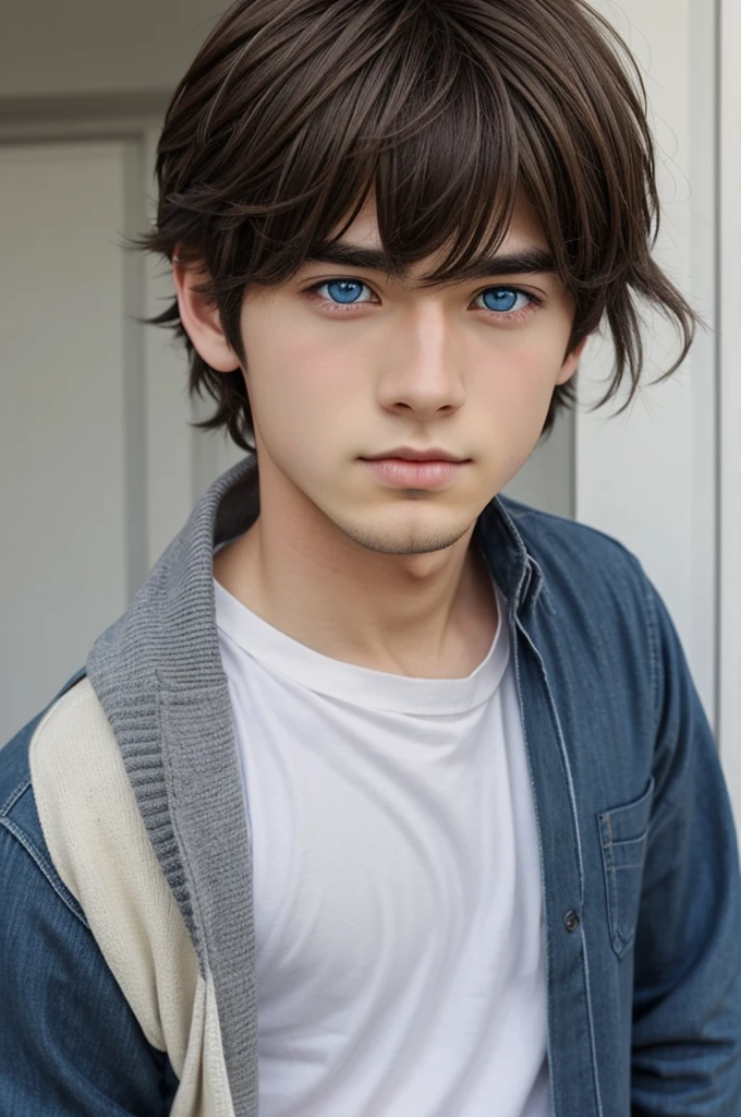 Brown hair anime boy, one blue eye and one gray eye and very white skin