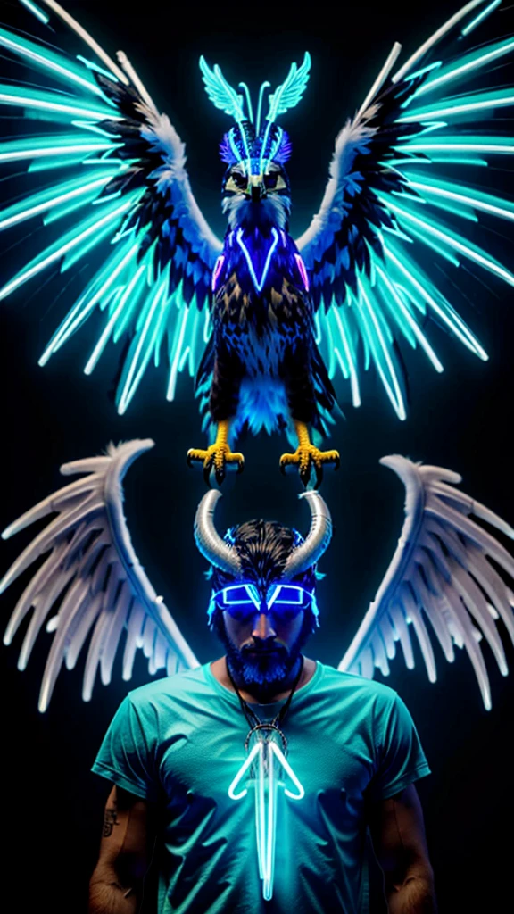 A beastly falcon with Luminous wings, a horn on his head and his eyes are neon blue