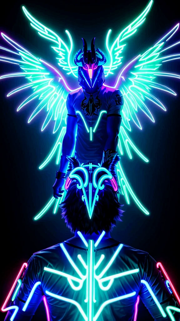 A beastly falcon with Luminous wings, a horn on his head and his eyes are neon blue