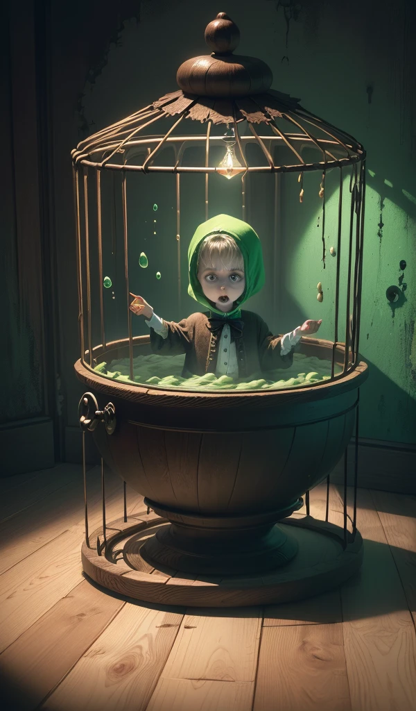 (anime, digital paint, 1  boy trapped in a wooden cage, frightened expression, evil and creepy old woman stirring a bubbling cauldron, eerie green light illuminating the room, dark and twisted interior of the candy house, dark and ominous atmosphere with shadows dancing on the walls, walls made of gingerbread and candy, sweets and treats all around, sense of impending danger)