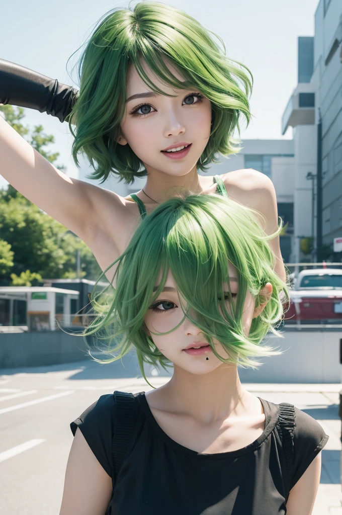 Emotion of fun mind. fly away, ,short green wavy hair , stylish
