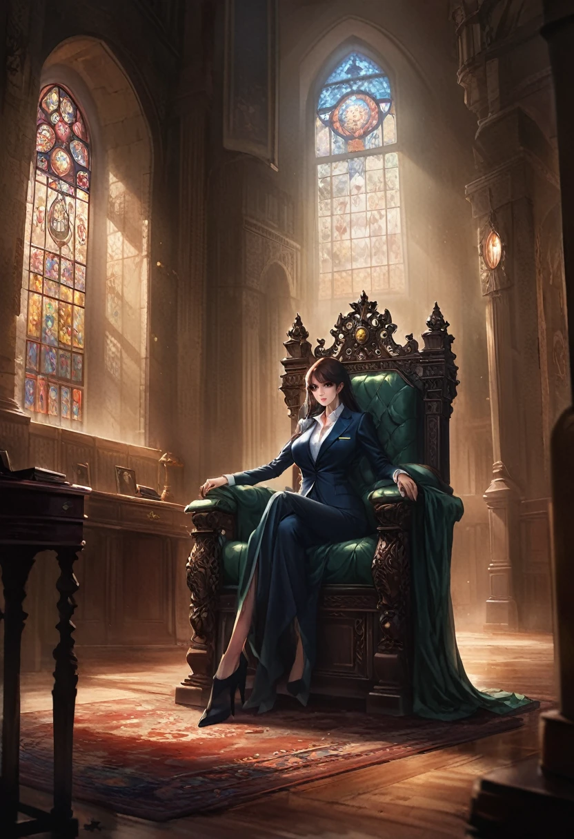 A masterfully crafted 3D render of an evil businesswoman sitting on a grand, ornate throne at the head of a long office table in a dimly lit room. The woman, with her mesmerizing beauty, exudes both power and darkness. Her outfit is a blend of luxurious materials used to make a scandalous risqué business suit, adorned with shimmering materials and intricate designs. Behind her, the stained glass windows cast a vivid Tyndall effect, with beams of light piercing through the darkness and creating a haunting atmosphere. The room itself is a blend of gothic and modern architecture, adding to the unsettling aura surrounding the queen. This illustration is a breathtaking example of anime realism, showcasing the artist's incredible skill and attention to detail., 3d render, anime, fashion, illustration, she has massive breasts that cannot be contained in her ripped open waist coat,