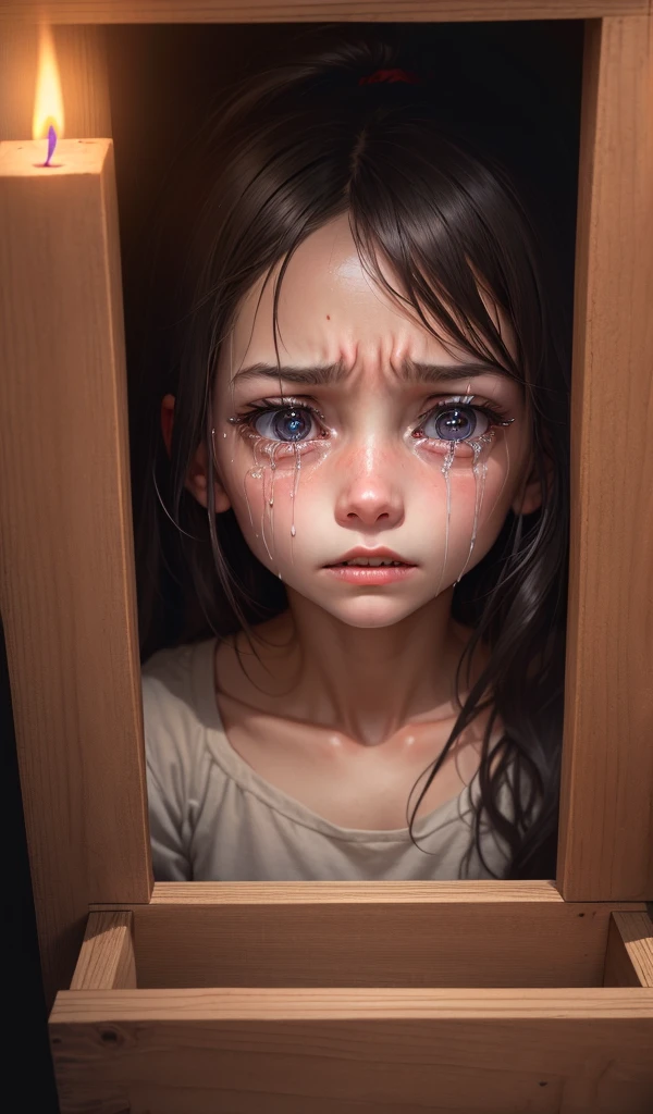 (anime, digital paint, 1 young girl crying with determination in her eyes, plotting escape, old wooden cage, shadowy corners, flickering candlelight highlighting her resolved expression, dark and twisted interior of the candy house, a mix of fear and hope)