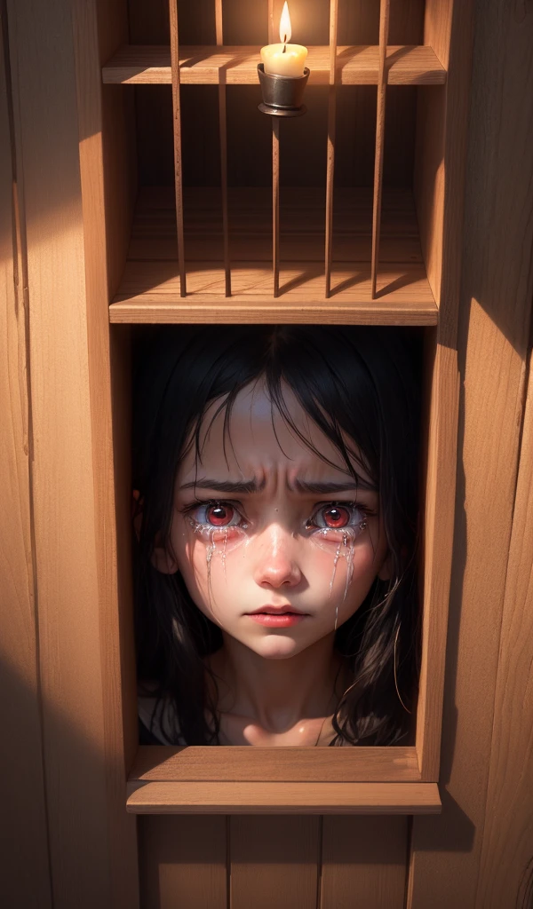 (anime, digital paint, 1 young girl crying with determination in her eyes, plotting escape, old wooden cage, shadowy corners, flickering candlelight highlighting her resolved expression, dark and twisted interior of the candy house, a mix of fear and hope)
