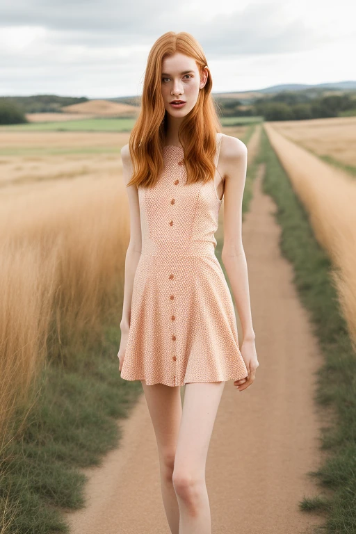 A tall, lanky young woman, 22 years old, with long shoulders and a slender build. She has small breasts and soft thighs, giving her a delicate and graceful appearance. Her overall look is average in terms of attractiveness, with features that blend in rather than stand out, strawberry blonde hair, freckles, standing, long legs,wearing a body con dress skirt