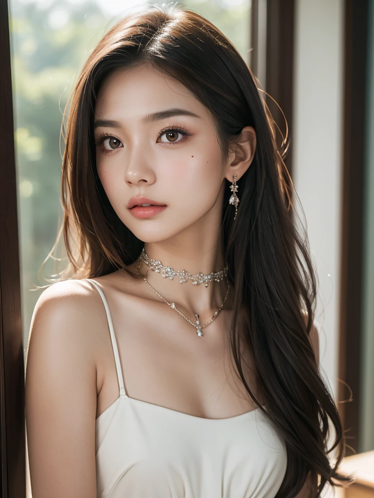 1girl, alone, solitary, high quality, (best quality,4k,8k,highres,masterpiece:1.2),ultra-detailed,(realistic,photorealistic,photo-realistic:1.37),gorgeous hair,dark hair,long straight hair with bangs,puffy eyes,mole on the cheek,plump lips,jewelry,(high detailed skin:1.4),(rim lighting:1.3),(lit:1.3),(sunny day:1.3),portrait,beautiful lips,waist-length hair,seductive gaze,moles,sundress,dress,short dress,close up,really long hair,choker necklace,small tattoos