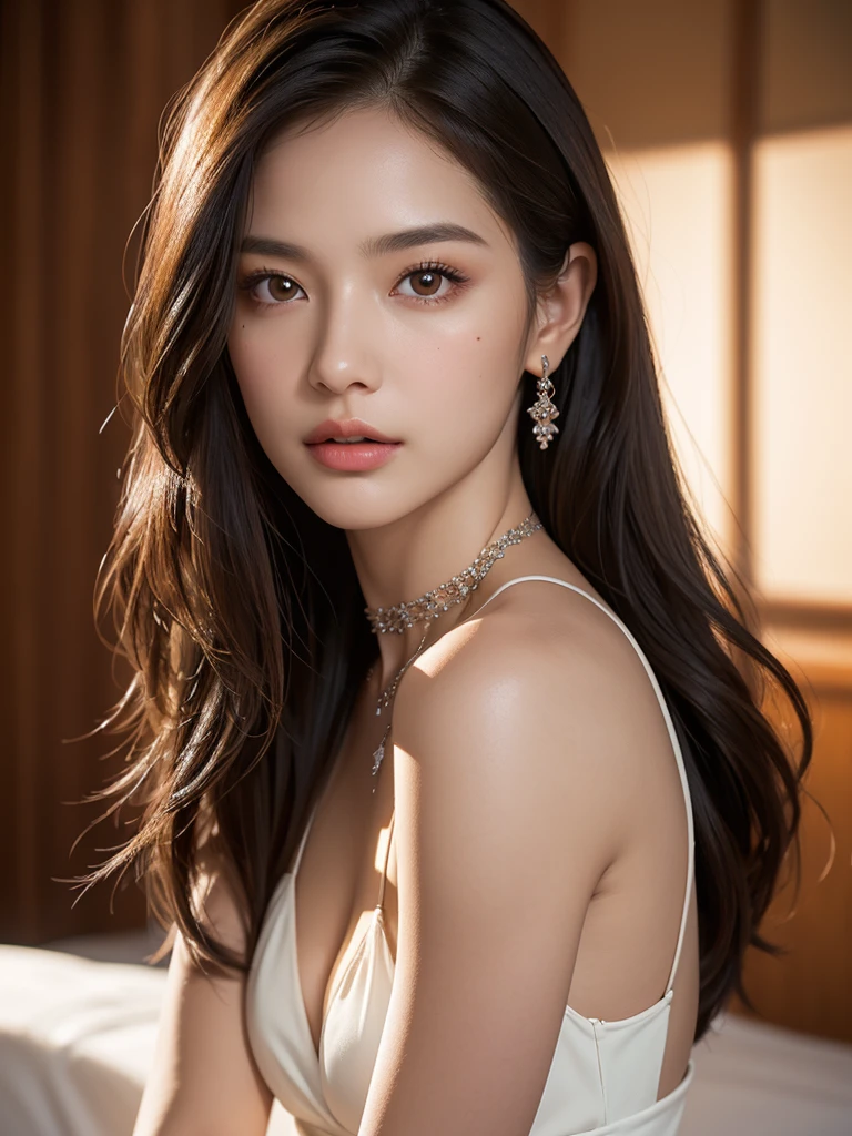 1girl, alone, solitary, high quality, (best quality,4k,8k,highres,masterpiece:1.2),ultra-detailed,(realistic,photorealistic,photo-realistic:1.37),gorgeous hair,dark hair,long straight hair with bangs,puffy eyes,mole on the cheek,plump lips,jewelry,(high detailed skin:1.4),(rim lighting:1.3),(lit:1.3),(sunny day:1.3),portrait,beautiful lips,waist-length hair,seductive gaze,moles,sundress,dress,short dress,close up,really long hair,choker necklace,small tattoos
