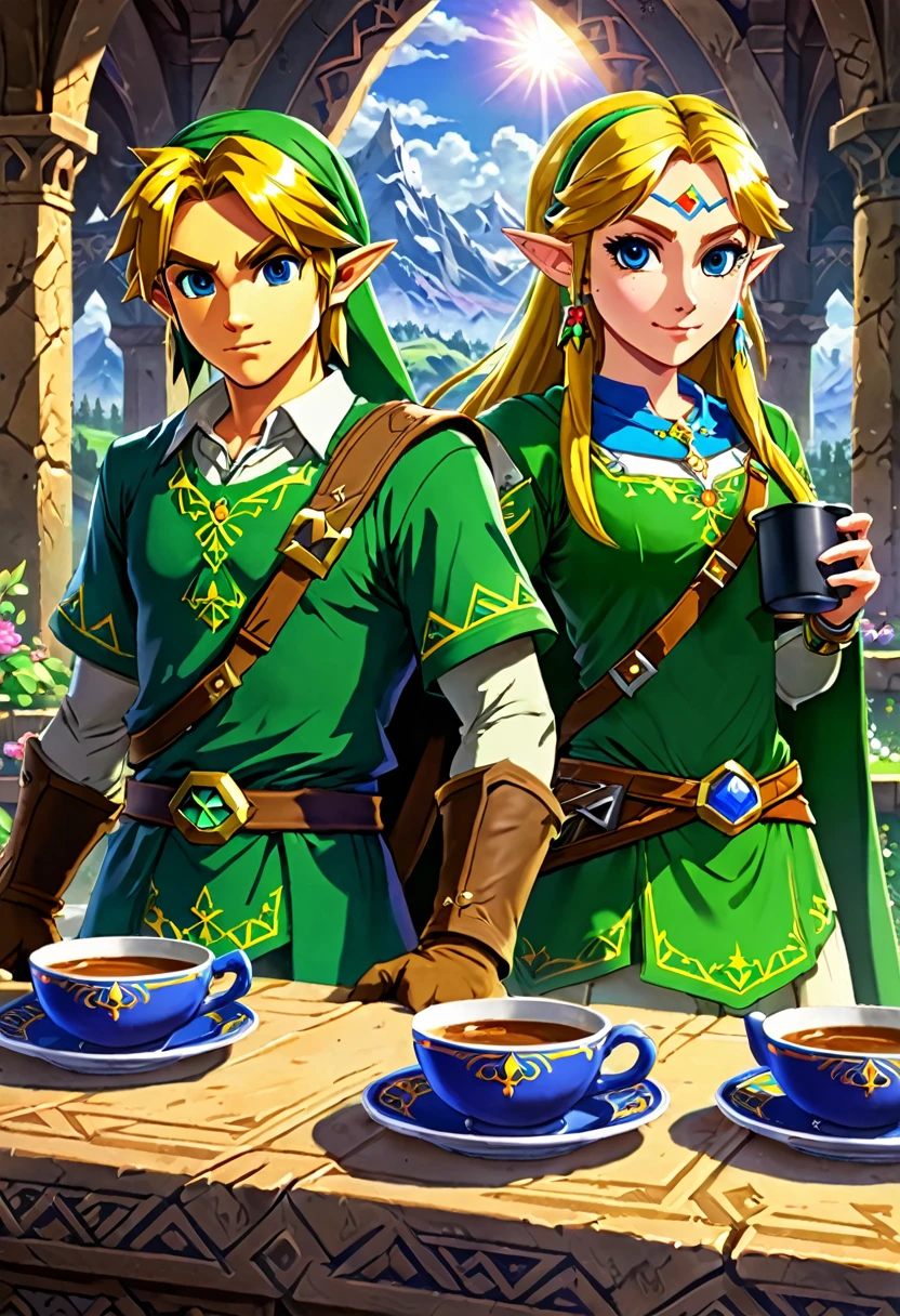 1 male Link and 1 zelda drinking 1 cup of coffee, hyrule, looking at camera