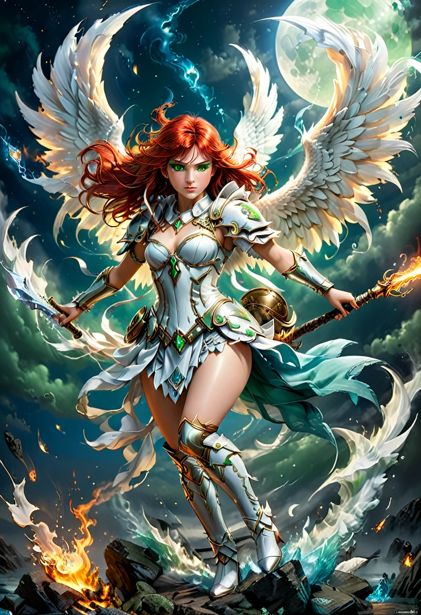 16k, ultra detailed, masterpiece, best quality, (extremely detailed), arafed, dnd art, panoramic view, full body, aasimar, female, (Masterpieceת intense details:1.3), female, sorceress, casting flaming spell(Masterpieceת intense details:1.3) large angelic wings, (azure: 1.3) angelic wings spread (Masterpieceת intense details:1.3), fantasy magical heaven background (Masterpieceת intense details:1.3), moon, stars, clouds, wearing white armor (Masterpieceת intense details:1.3), high heeled boots (Masterpieceת intense details:1.3), armed with staff, (red hair: 1.4), (green eyes: 1.4), intense eyes, ultra feminine, ultra detailed face, (Masterpieceת intense details:1.5), (anatomically correct: 1.5), determined face, divine light, cinematic lighting, soft light, silhouette, photorealism, panoramic view ((Masterpieceת intense details:1.3) , Wide-Angle, Ultra-Wide Angle, 16k, highres, best quality, faize, 3D rendering