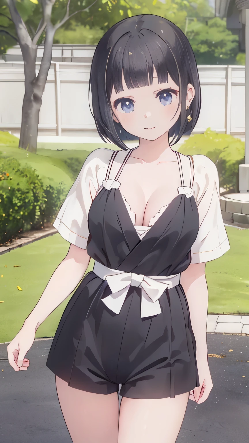 (Masterpiece, Best-quality, RAW-photo, Ultra-High-Resolution, Photorealistic, Very realistic human skin, Perfect and detailed human fingers, Sense of reality, Anatomically correct, NSFW),
(Thin waist and busty style body, Cleavage, Teat, -yeld, Restic Japanese girl, short height, turn the body forward, Angle from below),
(maiko, Round face, Black hair, Black eyes, Moist and Mellow eyes, Short bob cut, Bangs, Down-slating eyebrows, one little earring),
(smile, See photographer, look at viewer:1.2),
Natural lighting, shorts, ノーパンティ,ノーブラジャー
(just the two of us)
perspective from above、プリーツスカート、ミニスカート