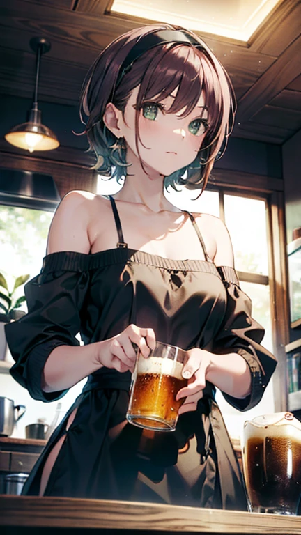 (from below:1.2), (perky chest:1.2), (pointed chest:1.2), 1girl, Bust A Cup, Amazing Cleavage:1.1, thin waist, big ass, Raised cute, small breast: 1.1 posed cleavage:1.2、solo, looking at viewer, have a cute glass of cute beer glass,black hair, dark green eyes, dress, bare shoulders, jewelry, collarbone, side locks, hairband, earrings, indoors, off shoulder, arms behind back, plants, short hair with long locks, gild hairband, off-shoulder dress, sweater dress, off-shoulder sweater, red sweater, dark gold hair, big side hair, very long side hair,is rendered in (masterpiece: 1.2, best quality), with (ultra high resolution) and an exquisite (depth of field). This masterpiece is not only visually stunning but also tells,A scene of cooking in the kitchen