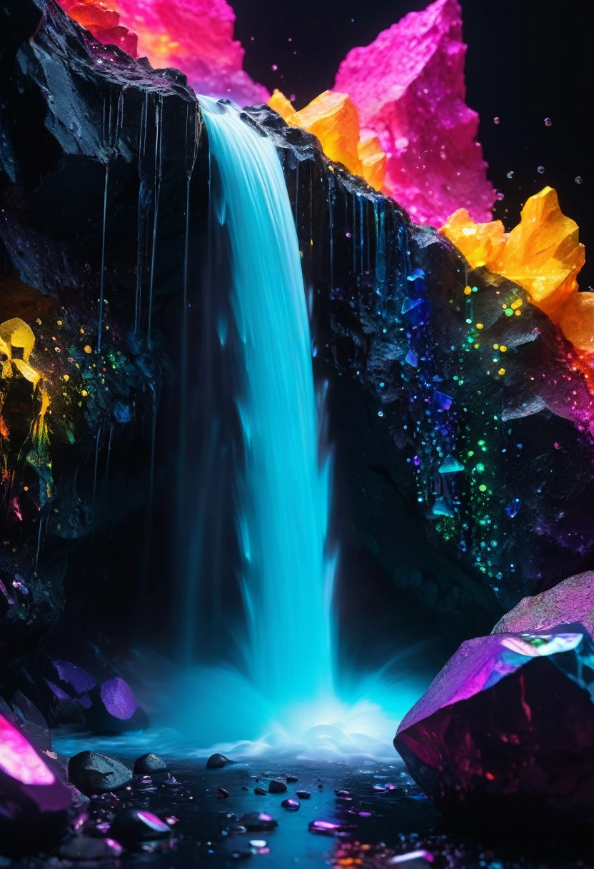 surrealism,lumining colored rocks abstract 3d object holographic neon back light,waterfall of luminous paint,dusts,a lot of small bubbles,small elements,cracks,crystals,lumining elements,well -developed details,absolutely black background,hyper realistic picture,8k,photo,depth of field,the background is blurred,neon lights,