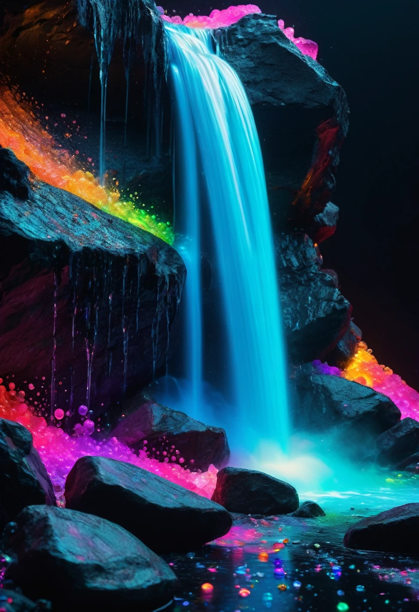 surrealism,lumining colored rocks abstract 3d object holographic neon back light,waterfall of luminous paint,dusts,a lot of small bubbles,small elements,cracks,crystals,lumining elements,well -developed details,absolutely black background,hyper realistic picture,8k,photo,depth of field,the background is blurred,neon lights,