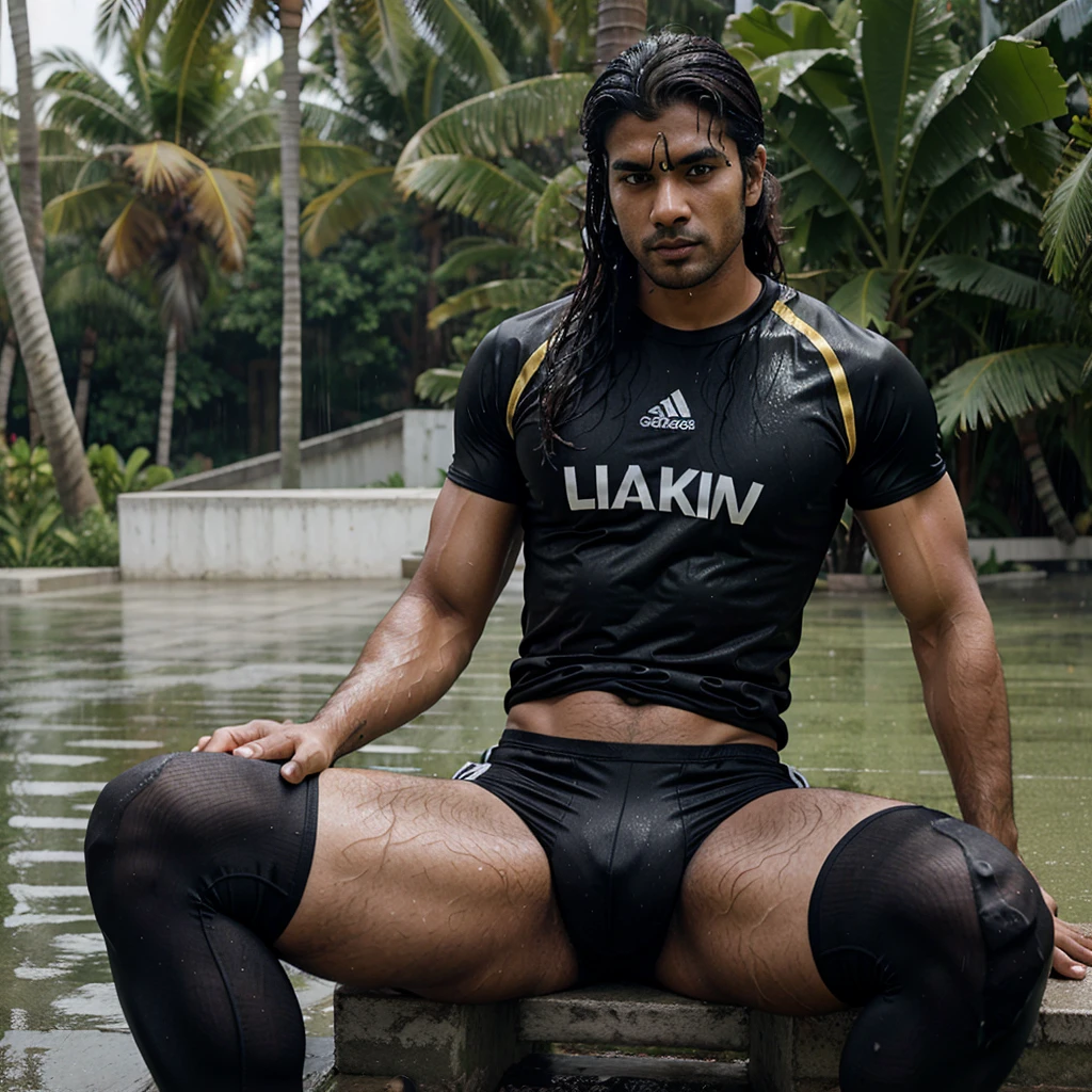 South asian man in black football jersey and football tights, long hair curly, super sexy, massive erection bulge, line visible, soft jersey material, location maldives. All the clothes and hair wet, in the rain. Pose sitting , alpha man, dominant look, hair tied up, holding a cigarette and smoking