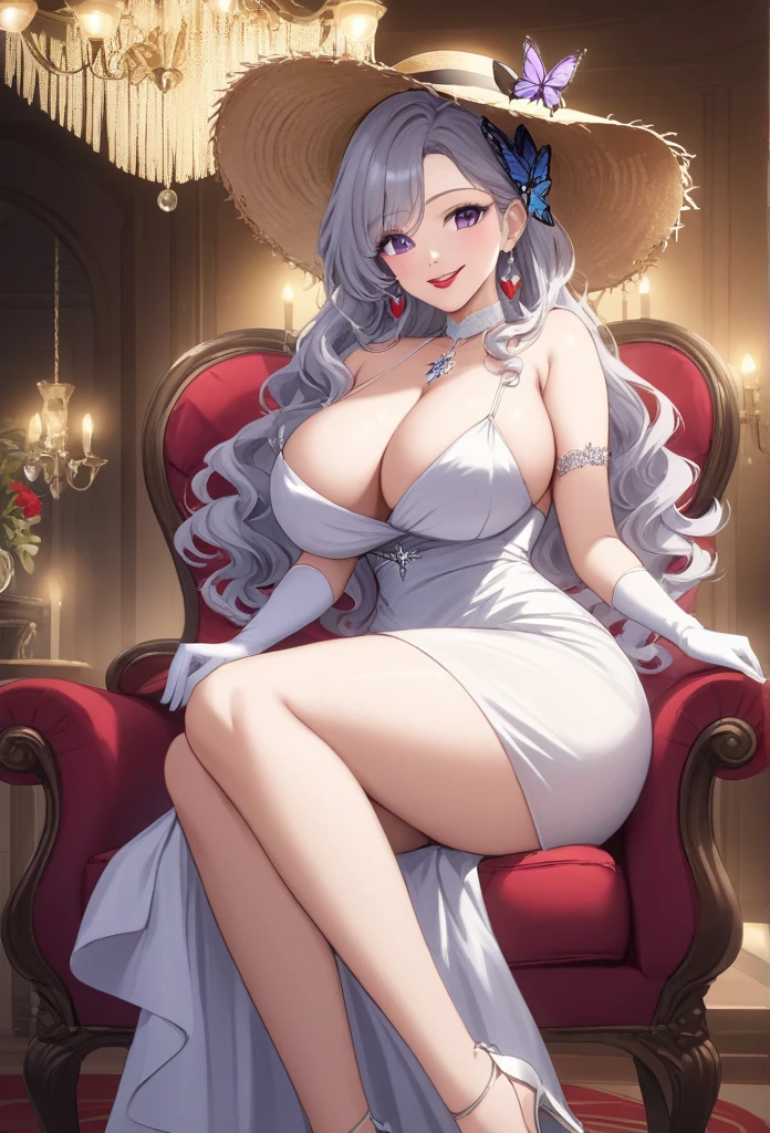  nari milf sitting on chair in elegant position, violet eyes, silver hair  , silky long wavy hair, big breasts,long big  silver butterfly chandelier earrings,red lipstick , stocking, smiling,  straw summer hat , jewellery, accessories,party hand gloves, makeup,silky tight white gown