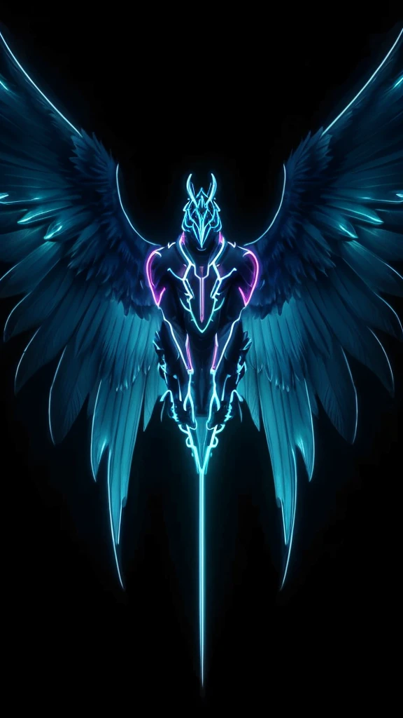 A beastly falcon with Luminous wings, a horn on his head and his eyes are neon blue