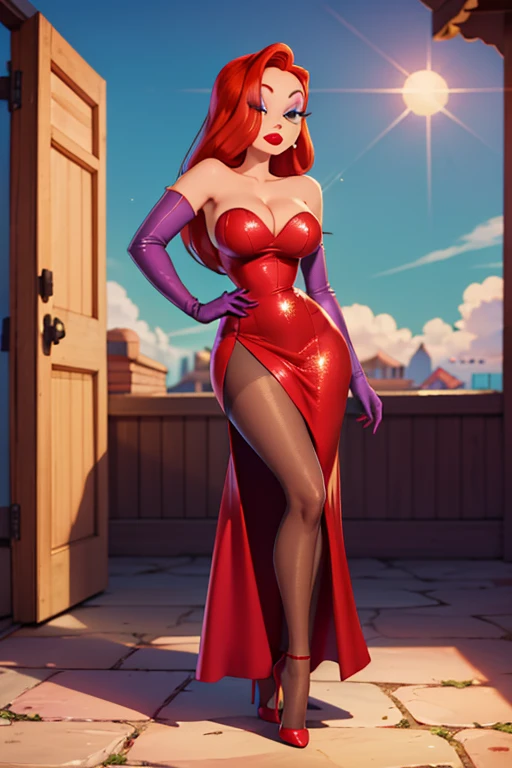 Masterpiece, hd, full detailed, jessica rabbit, sideless red dress, glitter dress, purple sleeve gloves, red hair, detailed eyes, perfect eyes, green eyes, pink eye make up, red lipstick, cleavage, seductive look, looking at viewer,  BLACK PANTYHOSE,  full body,  high heels,  sun shiny day