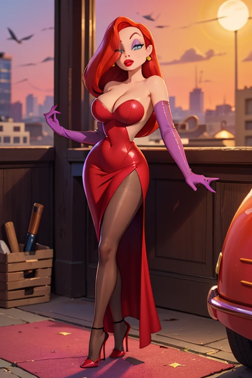 Masterpiece, hd, full detailed, jessica rabbit, sideless red dress, glitter dress, purple sleeve gloves, red hair, detailed eyes, perfect eyes, green eyes, pink eye make up, red lipstick, cleavage, seductive look, looking at viewer,  BLACK PANTYHOSE,  full body,  high heels,  sun shiny day