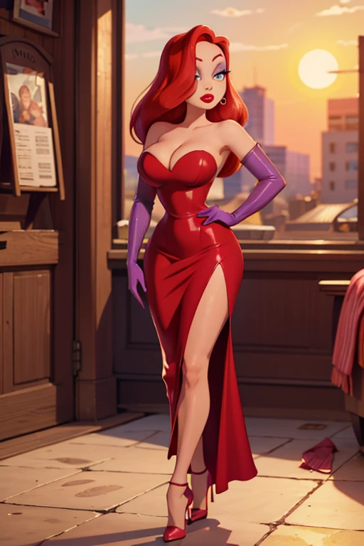 Masterpiece, hd, full detailed, jessica rabbit, sideless red dress, glitter dress, purple sleeve gloves, red hair, detailed eyes, perfect eyes, green eyes, pink eye make up, red lipstick, cleavage, seductive look, looking at viewer,  BLACK PANTYHOSE,  full body,  high heels,  sun shiny day