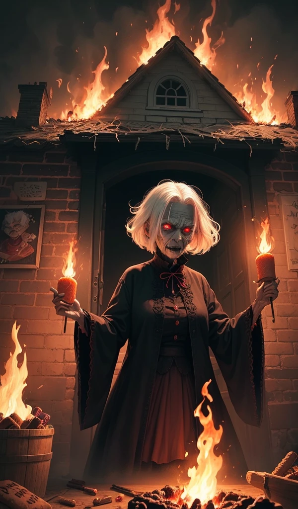 (anime, digital paint, 1 sinister and creepy old woman with white hair and red eyes, burning in flames, vibrant flames defeating the evil force, dark and twisted interior of the candy house, ominous atmosphere with fire lighting, walls made of gingerbread and candy, sweets and treats all around)