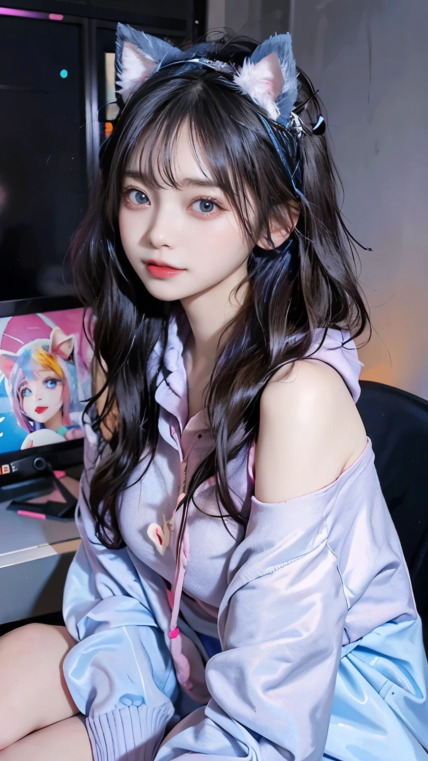 /imagine a beautiful anime girl live streaming from her room, with long black hair, big blue eyes, wearing a pink hoodie and a cute headset with cat ears, sitting in front of a modern computer setup with colorful LED lights, surrounded by plushies and posters on the wall, smiling and engaging with her audience, bright and cheerful atmosphere
