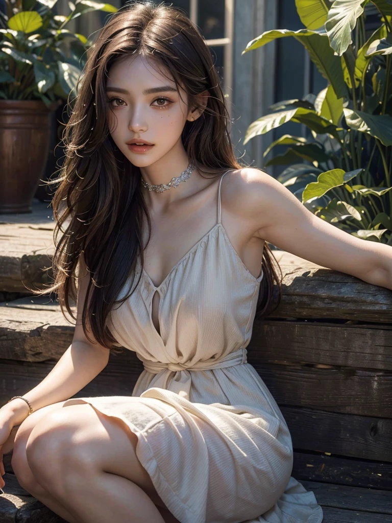 Asian Beauty,((Visible cleavage)), The warm sunset rays fell on her,((Sitting)), slim body,Very thin,She sat elegantly,One hand behind the back,The body leans back slightly,Head slightly tilted to one side,Show a charming smile。The skirt flutters gently in the wind,Adds a touch of fantasy。Her face is delicate,Under the long eyelashes are a pair of bright big eyes,The corners of the mouth slightly raised,Appear gentle and confident。Her long hair was casually draped over her shoulders.,A few strands of hair fluttering gently in the breeze。The diagonal composition makes the picture more vivid,The foot is in the lower left corner of the screen,The body and gaze extend to the upper right corner,Creates an elegant diagonal visual effect。
