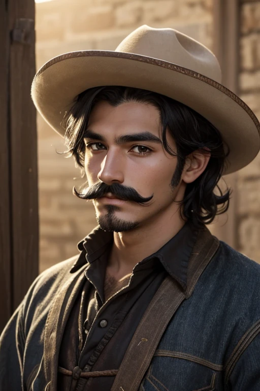 25-year-old male, small mustache, oldwest, Cowboy, eyes black, hair long black, British descent.