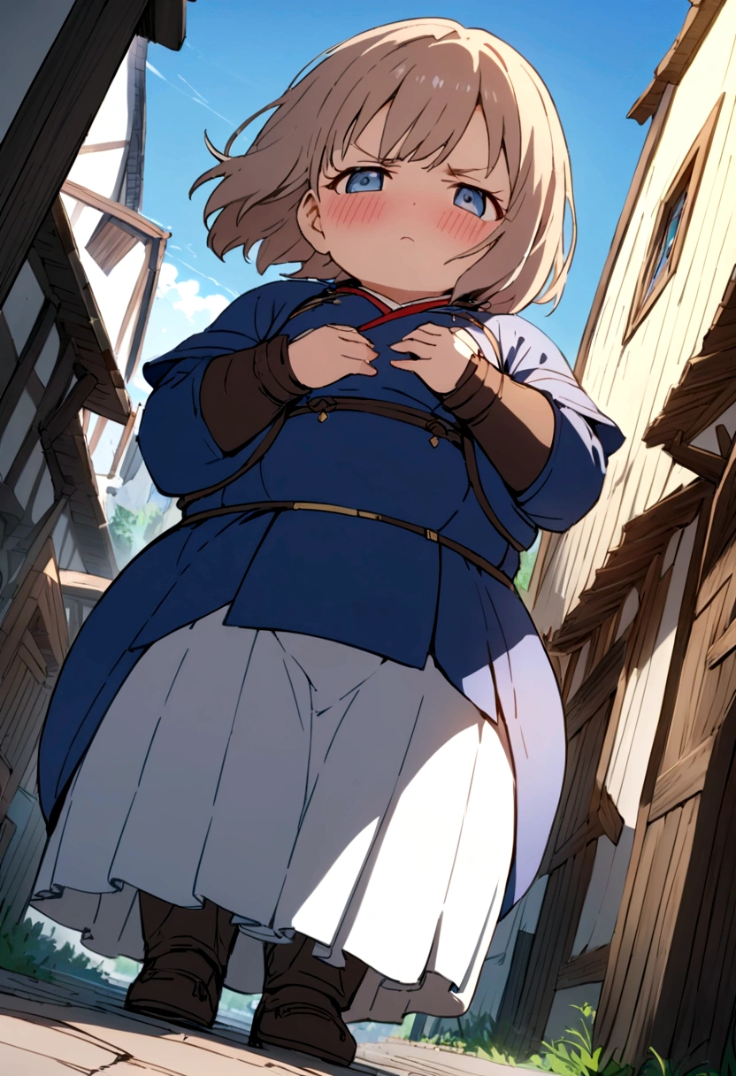 "((workshop)), perfect quality, fat, bulging, full body, stunning beauty, jeanfavonian, small breasts, (high-quality anime, Makoto Shinkai), angry, blush, standing on the street near the river next to the village, hands on chest, looking at the viewer, without gauntlets. Short hair blowing in the wind, the background is simple and blue, and the gaze is directed downwards at a low angle, a bright lightning.