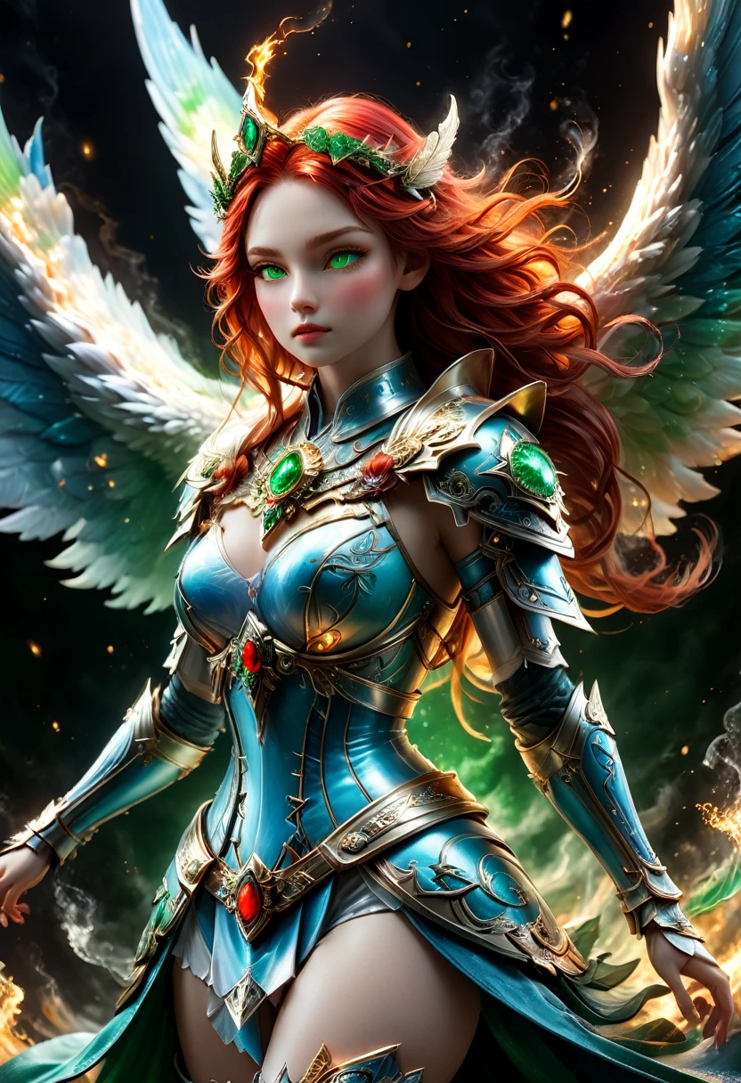 16k, ultra detailed, masterpiece, best quality, (extremely detailed), arafed, dnd art, panoramic view, full body, aasimar, female, (Masterpieceת intense details:1.3), female, sorceress, casting flaming spell(Masterpieceת intense details:1.3) large angelic wings, (azure: 1.3) angelic wings spread (Masterpieceת intense details:1.3), fantasy magical heaven background (Masterpieceת intense details:1.3), moon, stars, clouds, wearing white armor (Masterpieceת intense details:1.3), high heeled boots (Masterpieceת intense details:1.3), armed with staff, (red hair: 1.4), (green eyes: 1.4), intense eyes, ultra feminine, ultra detailed face, (Masterpieceת intense details:1.5), (anatomically correct: 1.5), determined face, divine light, cinematic lighting, soft light, silhouette, photorealism, panoramic view ((Masterpieceת intense details:1.3) , Wide-Angle, Ultra-Wide Angle, 16k, highres, best quality, faize, 3D rendering