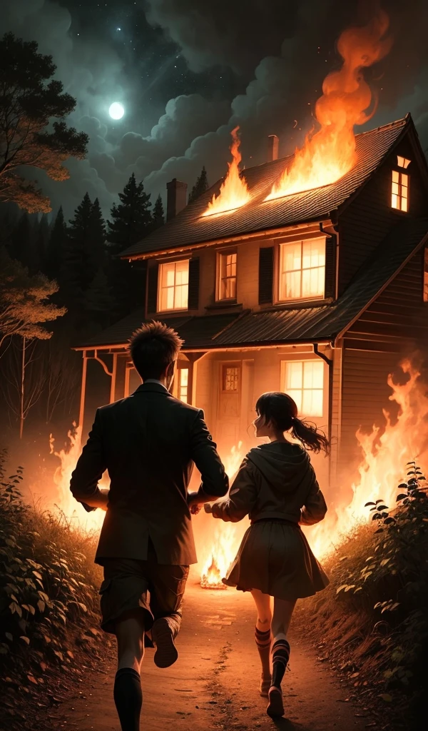 (anime, digital paint, 1 boy and 1 girl running out of the candy house in deep forest, eerie atmosphere, scared expressions, house in flames behind them, night sky illuminated by the fire, sweets and treats all around, forest path ahead, sense of urgency and relief)