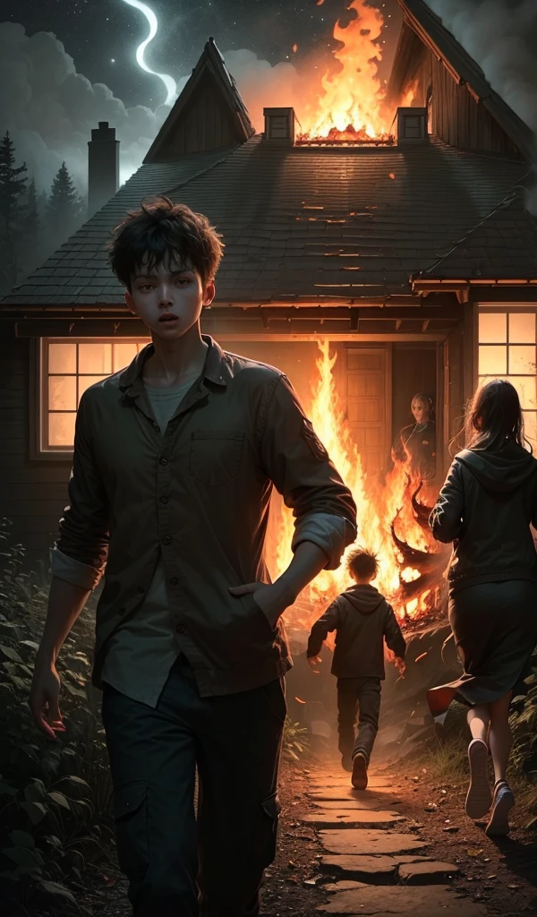 (anime, digital paint, 1 boy and 1 girl running out of the candy house in deep forest, eerie atmosphere, scared expressions, house in flames behind them, night sky illuminated by the fire, sweets and treats all around, forest path ahead, sense of urgency and relief)