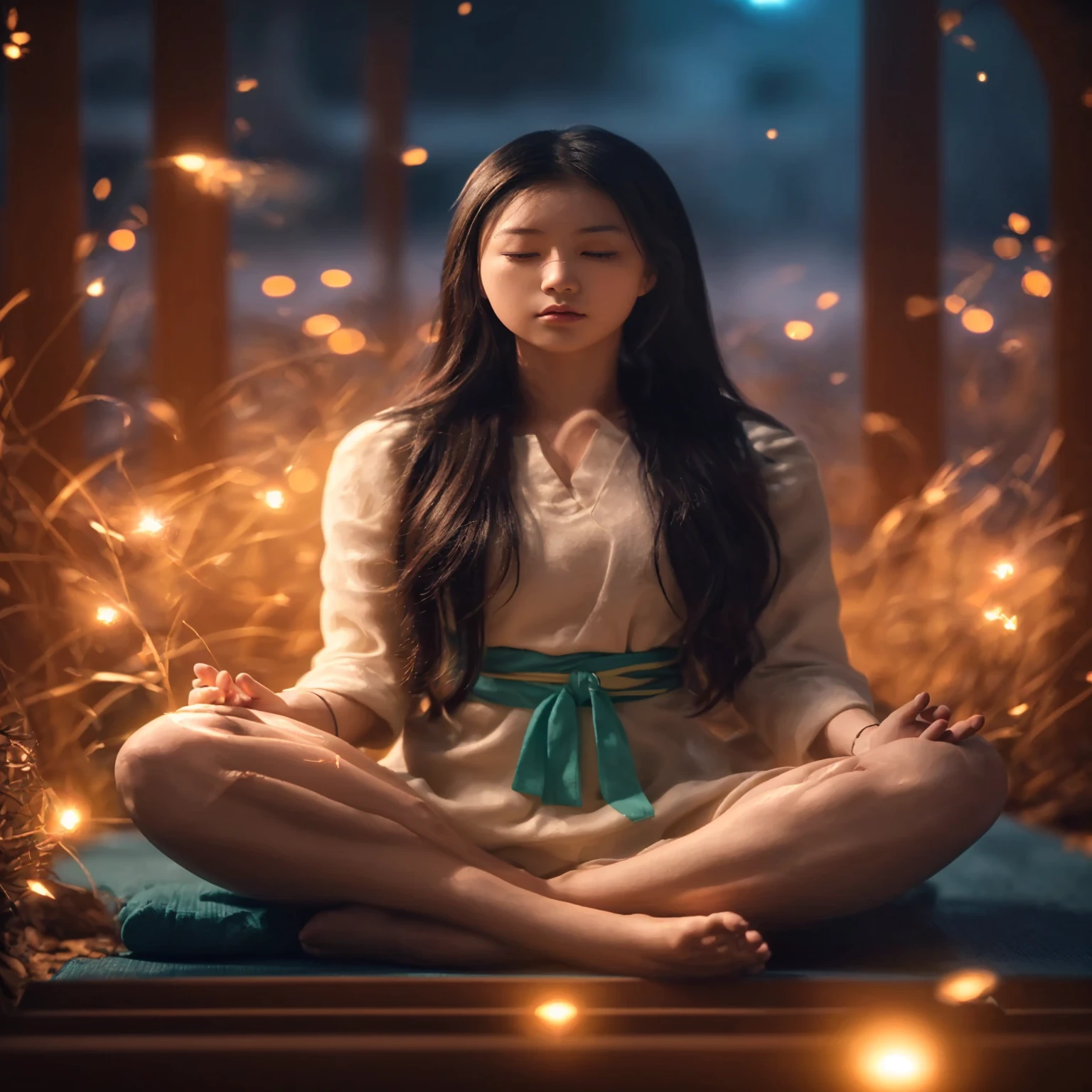 An Asian girl,Hands on knees,Cross-legged meditation,Very bright colors, Light Particles, Luminescence, Mushf, Wallpaper Art, Ultra HD Wallpaper