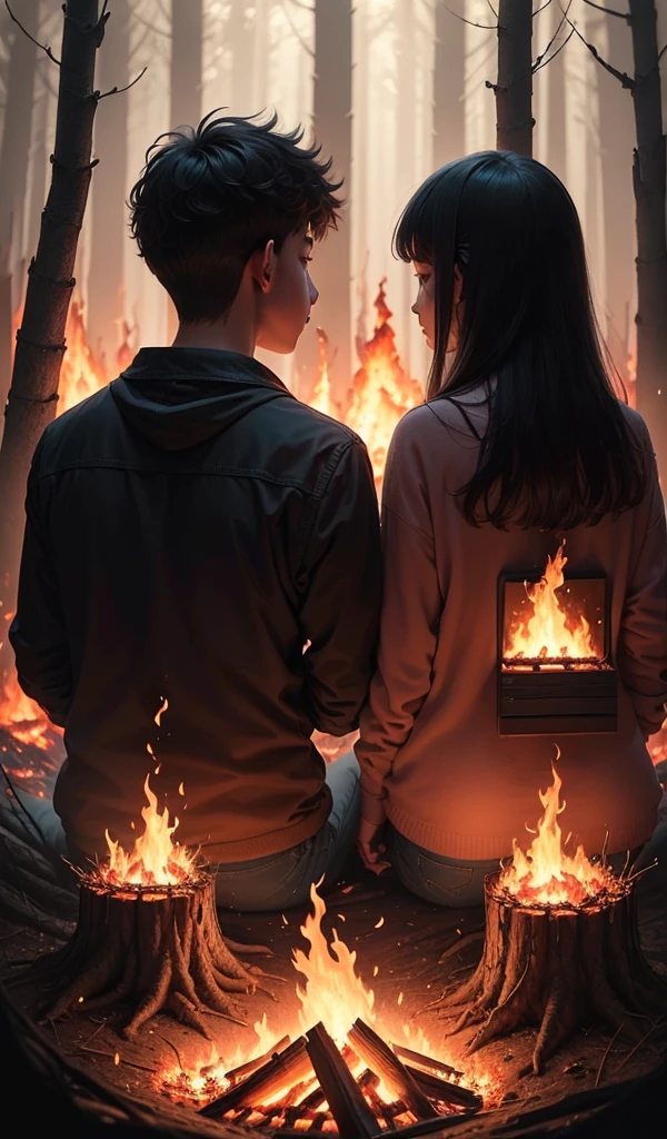 (anime, digital paint, 1 boy and 1 girl pausing at a safe distance, looking back at the burning candy house in deep forest, burned sweets and treats all around, faces illuminated by the glow of the fire, mixture of relief and lingering fear, forest surrounding them)