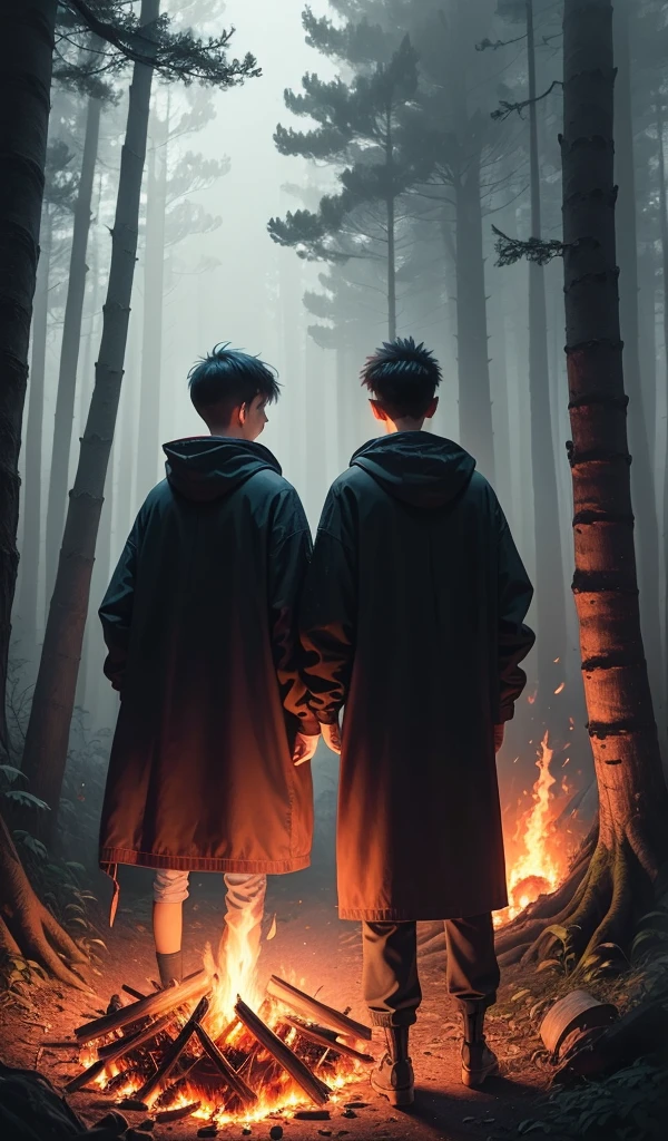 (anime, digital paint, 1 boy and 1 girl pausing at a safe distance, looking back at the burning candy house in deep forest, burned sweets and treats all around, faces illuminated by the glow of the fire, mixture of relief and lingering fear, forest surrounding them)