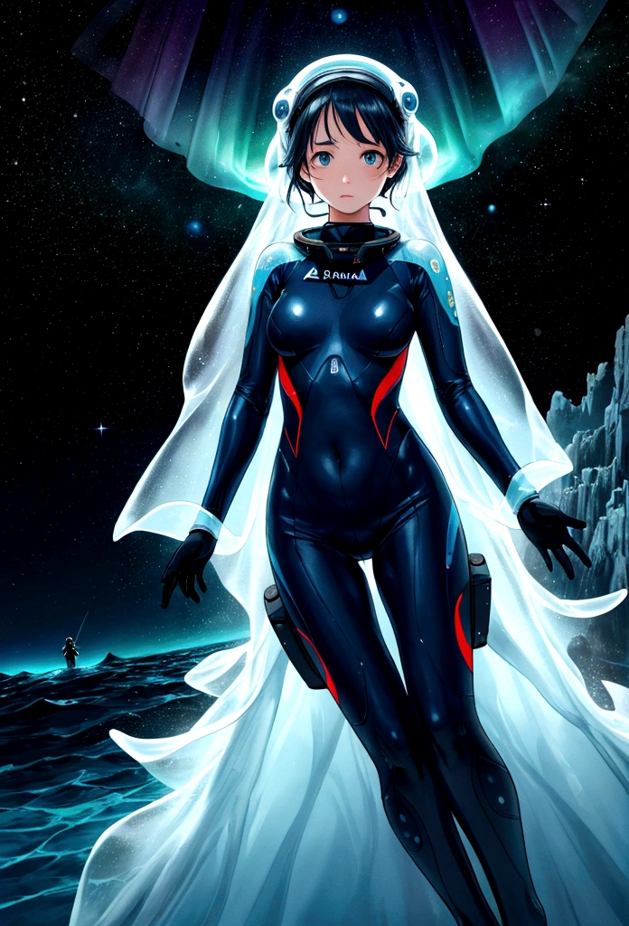 An extraordinary anime-inspired illustration, titled "URANUS 2324," masterfully blends space exploration and underwater exploration. The futuristic title, written in a bold font, evokes a sense of wonder and discovery. The astronaut, Sarocha Chankimha, is shown floating in a dark starry sky, surrounded by the distant blue planet Uranus and its rings. Meanwhile, a freediver, Rebeca Armstrong, gracefully swims through a mysterious underwater world, wearing only a full white neoprene suit and goggles. An aurora borealis creates a connection between these two distant worlds. Both the astronaut and the freediver extend their hands, reaching out to bridge the gap between their disparate realms. The stunning combination of space and ocean elements creates a visually captivating image that elicits feelings of longing and the, cinematic, photo, illustration, poster, typography