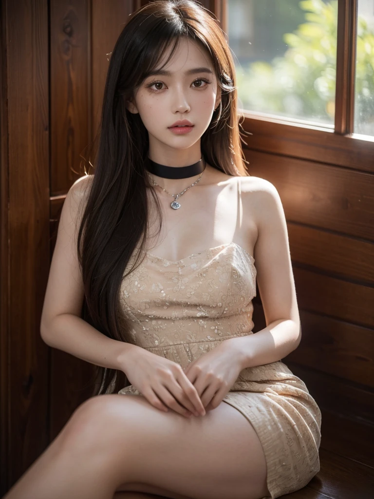 1girl, alone, solitary, high quality, (best quality,4k,8k,highres,masterpiece:1.2),ultra-detailed,(realistic,photorealistic,photo-realistic:1.37),gorgeous hair,dark hair,long straight hair with bangs,puffy eyes,mole on the cheek,plump lips,jewelry,(high detailed skin:1.4),(rim lighting:1.3),(lit:1.3),(sunny day:1.3),portrait,beautiful lips,waist-length hair,seductive gaze,moles,sundress,dress,short dress,close up,really long hair,choker necklace,small tattoos,tattooed