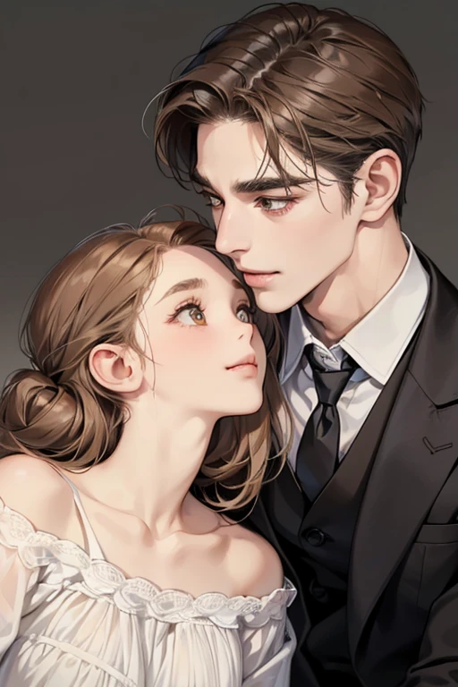 (table top, digital art, digital illustration, 4k, 8K, Super detailed, beautiful images, clear image, realistic, Raw photo, perfect face, perfect lines, perfect eyes, soft lighting) 1 female, (light brown hair,chignon hair,innocent look,droopy eyebrows,droopy eyes,With a round face,round chin、innocence,cute,Big eyes,natural makeup,smile gently,E cup,23 years old:1.3),Two handsome men in suits, (human,man wearing a suit,muscular,solid shoulder width,adult male,boyish hairstyle,A man in his 30s with a cool expression,28 year old man with a bright smile:1.2)、Department store、Department Pa Underground、Cosmetics department、paints、couple、coupleキス、romance porn、見つめ合うcouple、ハグし合うcouple