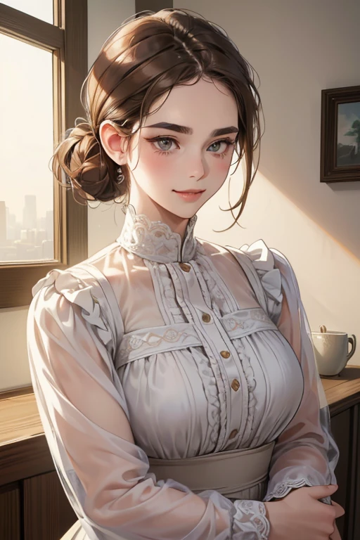 (table top, digital art, digital illustration, 4k, 8K, Super detailed, beautiful images, clear image, realistic, Raw photo, perfect face, perfect lines, perfect eyes, soft lighting) 1 female, (light brown hair,chignon hair,innocent look,droopy eyebrows,droopy eyes,With a round face,round chin、innocence,cute,Big eyes,natural makeup,smile gently,E cup,23 years old:1.3),Two handsome men in suits, (human,man wearing a suit,muscular,solid shoulder width,adult male,boyish hairstyle,A man in his 30s with a cool expression,28 year old man with a bright smile:1.2)、Department store、Department Pa Underground、Cosmetics department、paints、couple、coupleキス、romance porn、見つめ合うcouple、ハグし合うcouple