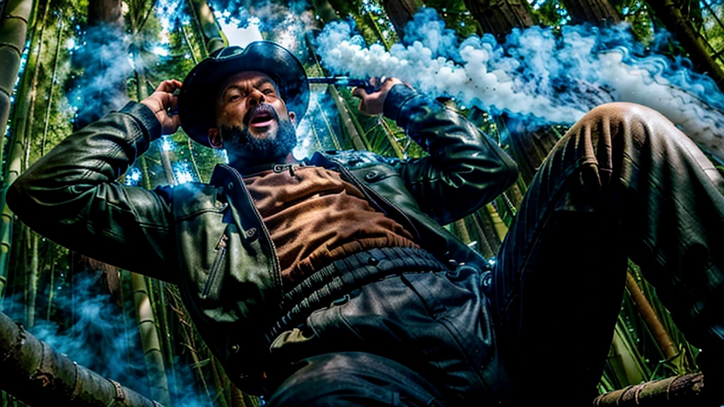The Captain of the Forest, with the expression of his mouth, uses vowels to speak -- leather jacket, long pants and hunter's boots, with a straw hat, the closed rma at the waist, he is injured and is carried by the arms by men, one on the left side and the other on the right - - a lot of smoke around the body does not let him breathe - he is carried by two henchmen - a lot of smoke - the captain of the forest falls to the ground in the background a bamboo grove