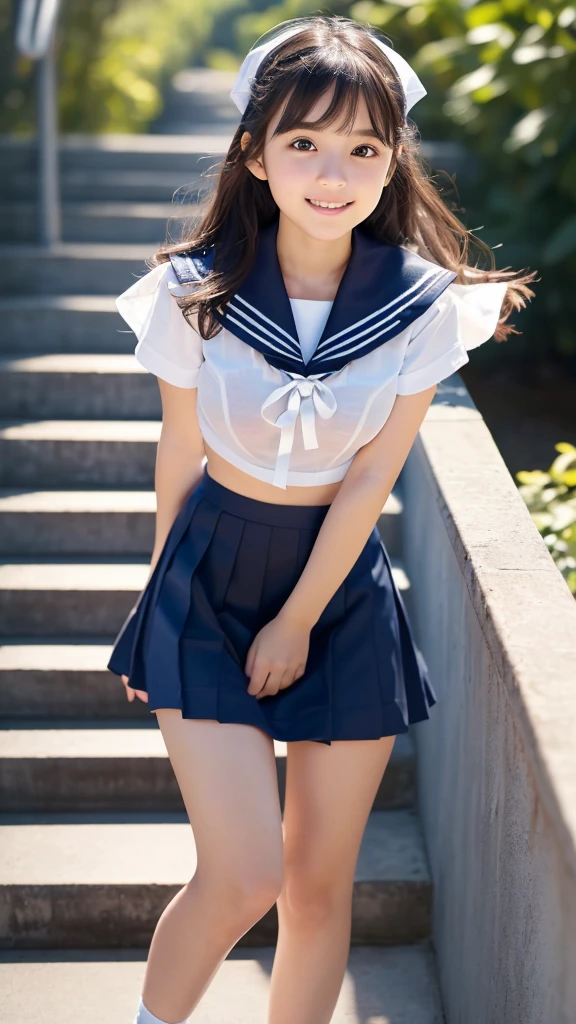 8k UHD、Digital single-lens reflex camera、High resolution、shallow depth of field、Natural light、(((sailor suit)))、(((Dark blue super mini skirt)))、(((full body shot)))、small person、(((young face)))、1 Japanese girl、; beautiful girl、(black hair)、(((brown eyes)))、Glossy skin、smooth thin hair、long hair、detailed background、highly detailed eyes and face、clear eyes、cute smile、Calm atmosphere、(((climb the stairs)))、(((detailed small breasts)))、(((beautiful eyes)))、petya pie、children `s、 thighs)))、(((white panties)))、(((angle from below) ))、(((detailed lips)))、(((The skirt is fluttering)))、beautiful shining legs、((nsfw))