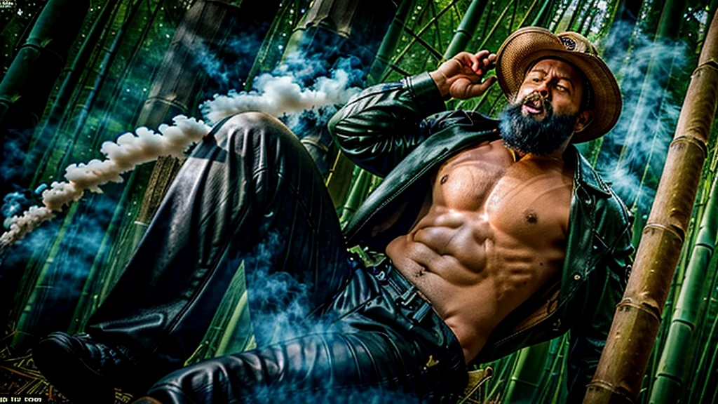 The Captain of the Forest, with an open-mouthed expression, uses vowels to speak -- leather jacket, long pants and hunter's boots, with a straw hat, gun at his waist, a lot of smoke around his body that doesn't let him breathe - he falls to the ground - a lot of smoke - the captain of the forest falls to the ground in the background a bamboo grove
