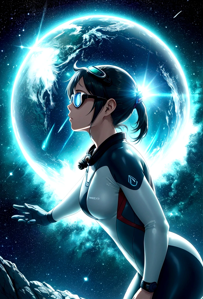 An extraordinary anime-inspired illustration, titled "URANUS 2324," masterfully blends space exploration and underwater exploration. The futuristic title, written in a bold font, evokes a sense of wonder and discovery. The astronaut, Sarocha Chankimha, is shown floating in a dark starry sky, surrounded by the distant blue planet Uranus and its rings. Meanwhile, a freediver, Rebeca Armstrong, gracefully swims through a mysterious underwater world, wearing only a full white neoprene suit and goggles. An aurora borealis creates a connection between these two distant worlds. Both the astronaut and the freediver extend their hands, reaching out to bridge the gap between their disparate realms. The stunning combination of space and ocean elements creates a visually captivating image that elicits feelings of longing and the, cinematic, photo, illustration, poster, typography